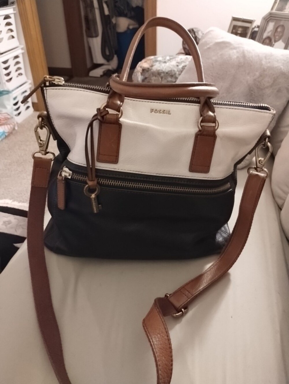 Fossil Black and Bone White Leather Shoulder Bag with Brown Trim